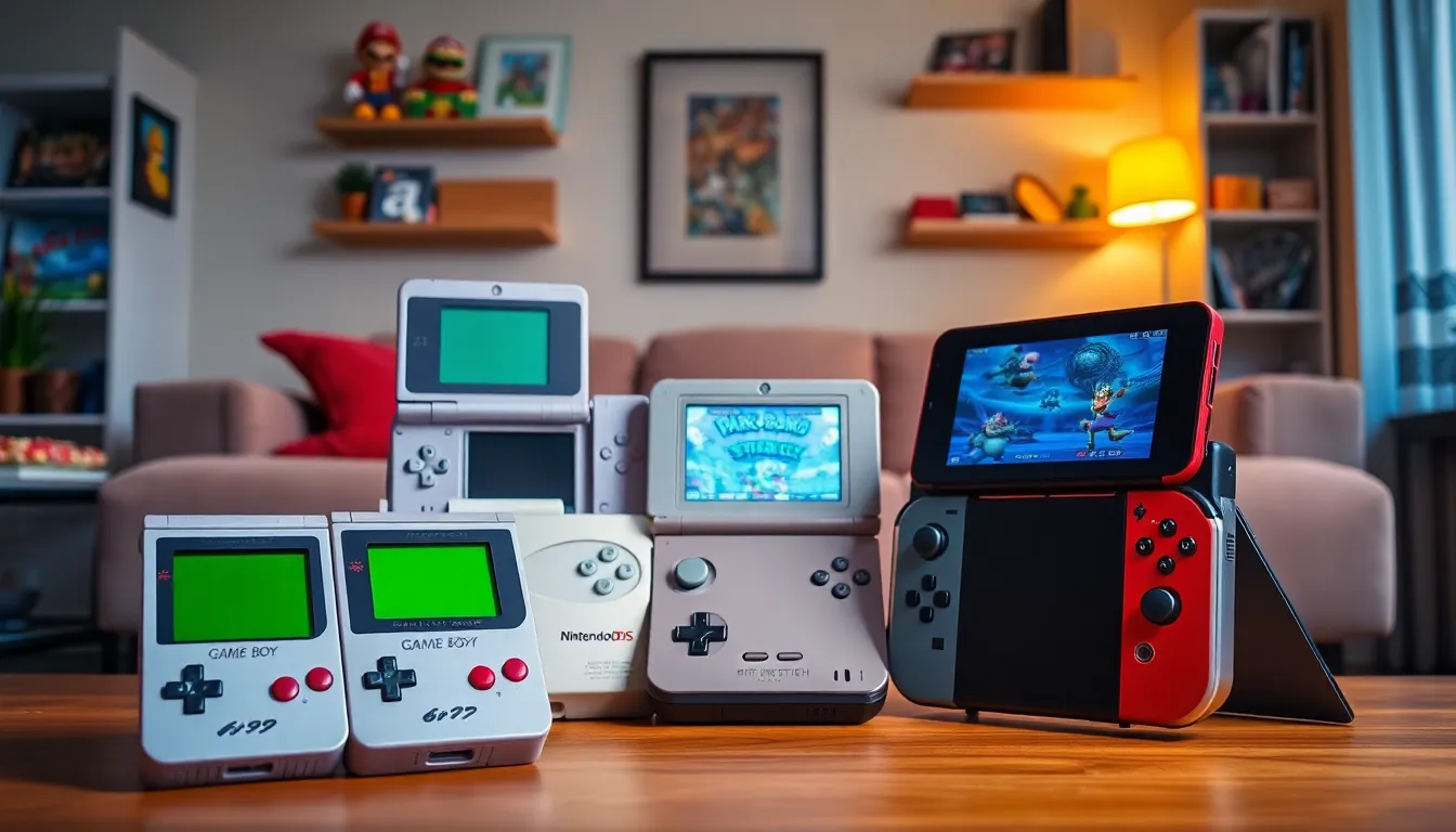 A collection of Nintendo handheld devices in a cozy living room setting.