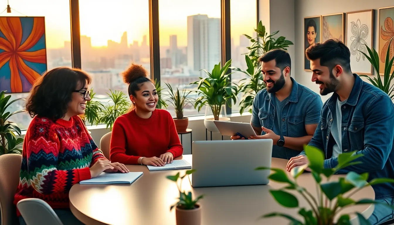 A diverse group discussing creative ideas in a modern workspace.
