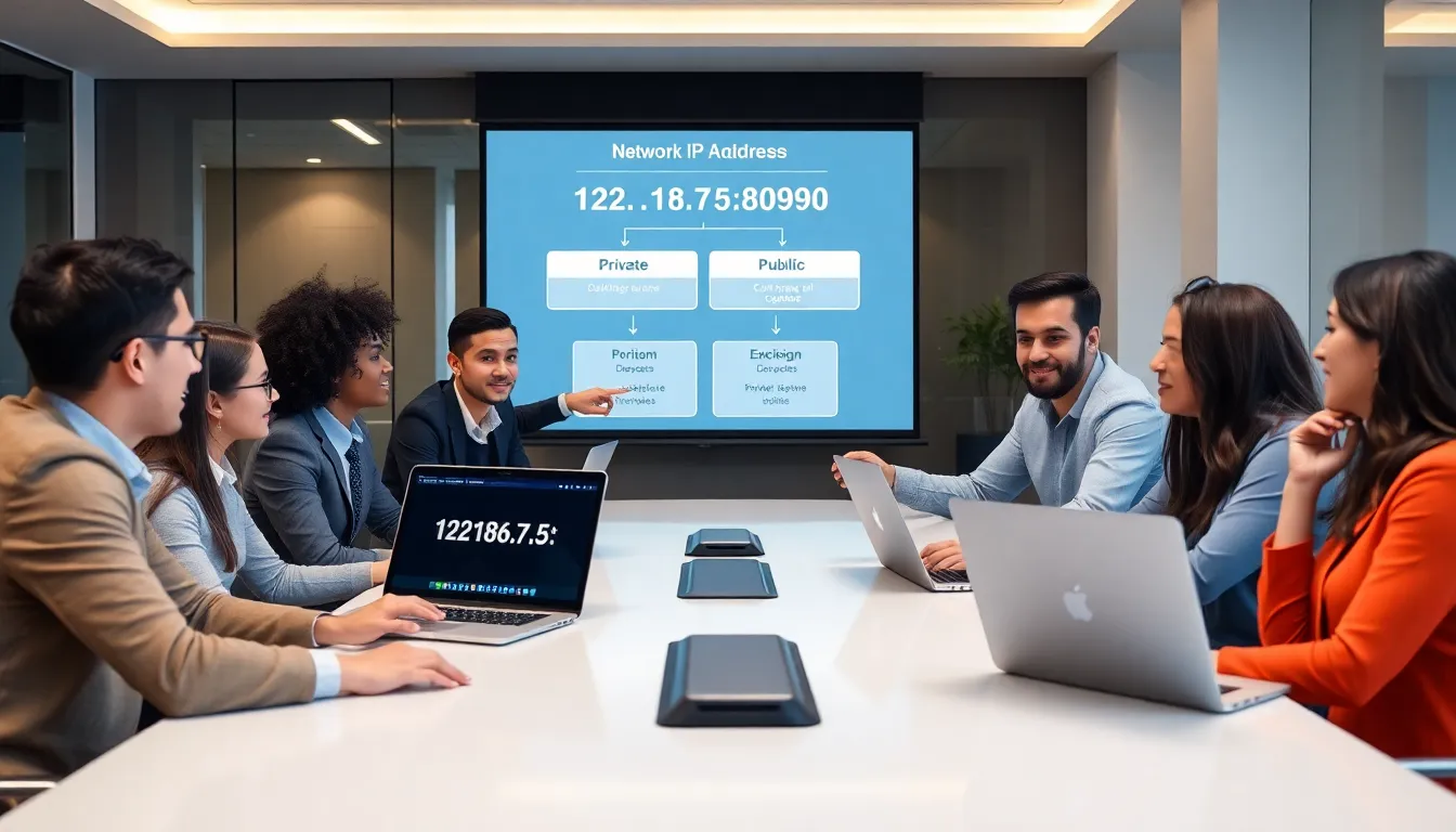 diverse IT team discussing network settings in a modern office.
