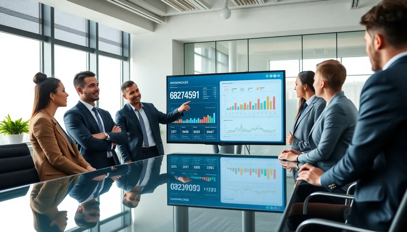 business professionals discussing data analytics in a modern office.